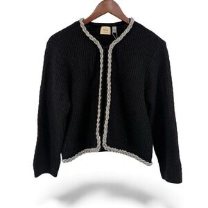 Elie‎ Tahari Koka Cardigan Sweater Size XL Black Braided Crystal Trim Wool Blend